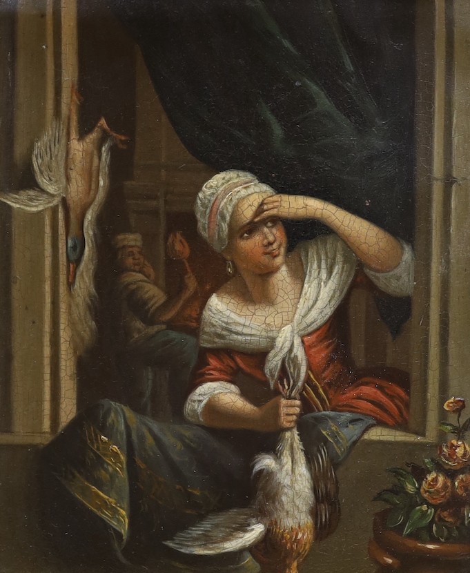 19th century German School, oil on zinc, Woman holding game at a window, 20 x 16cm